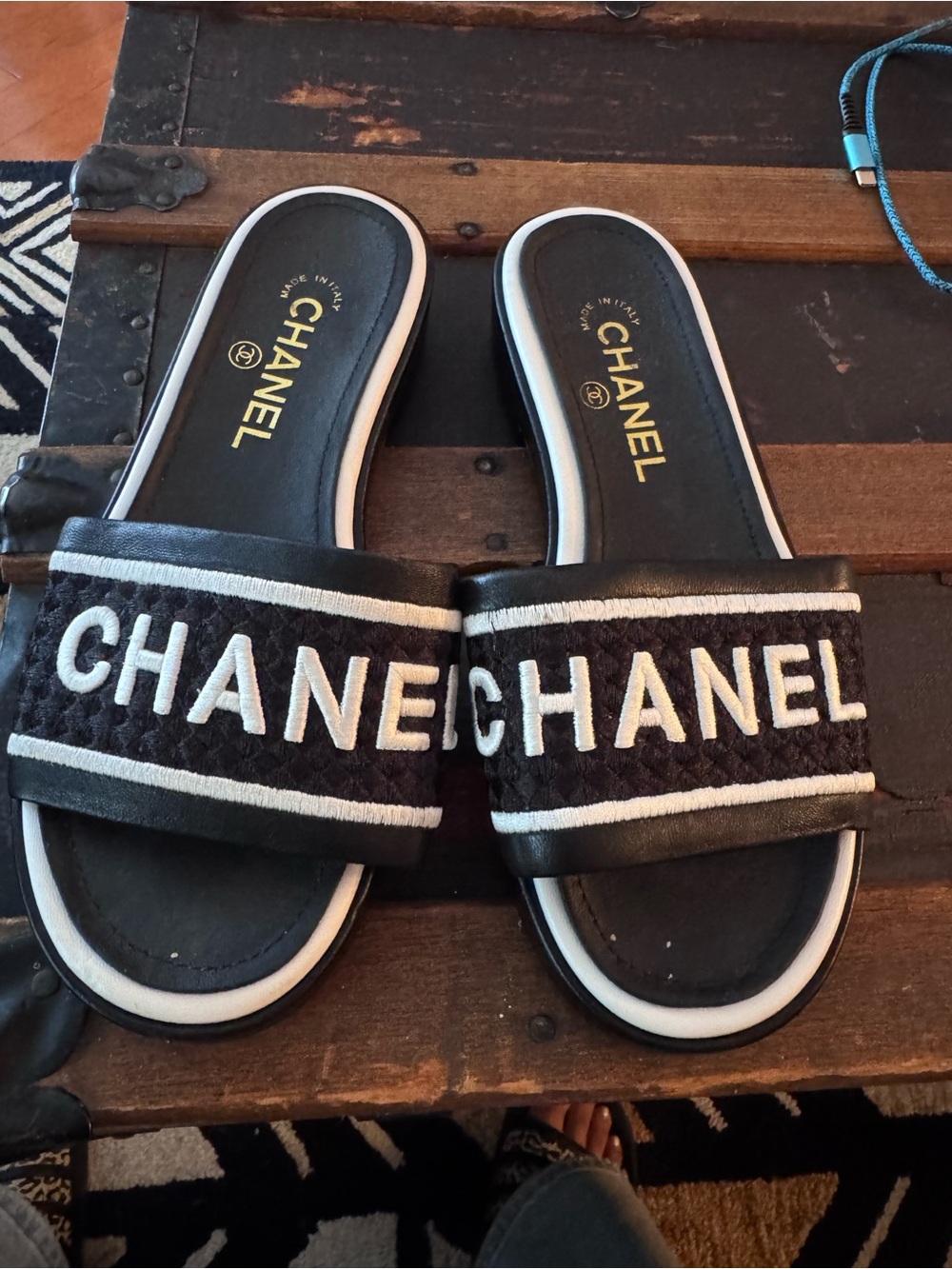 CHANEL Black and White Quilted Logo Slide Sandals